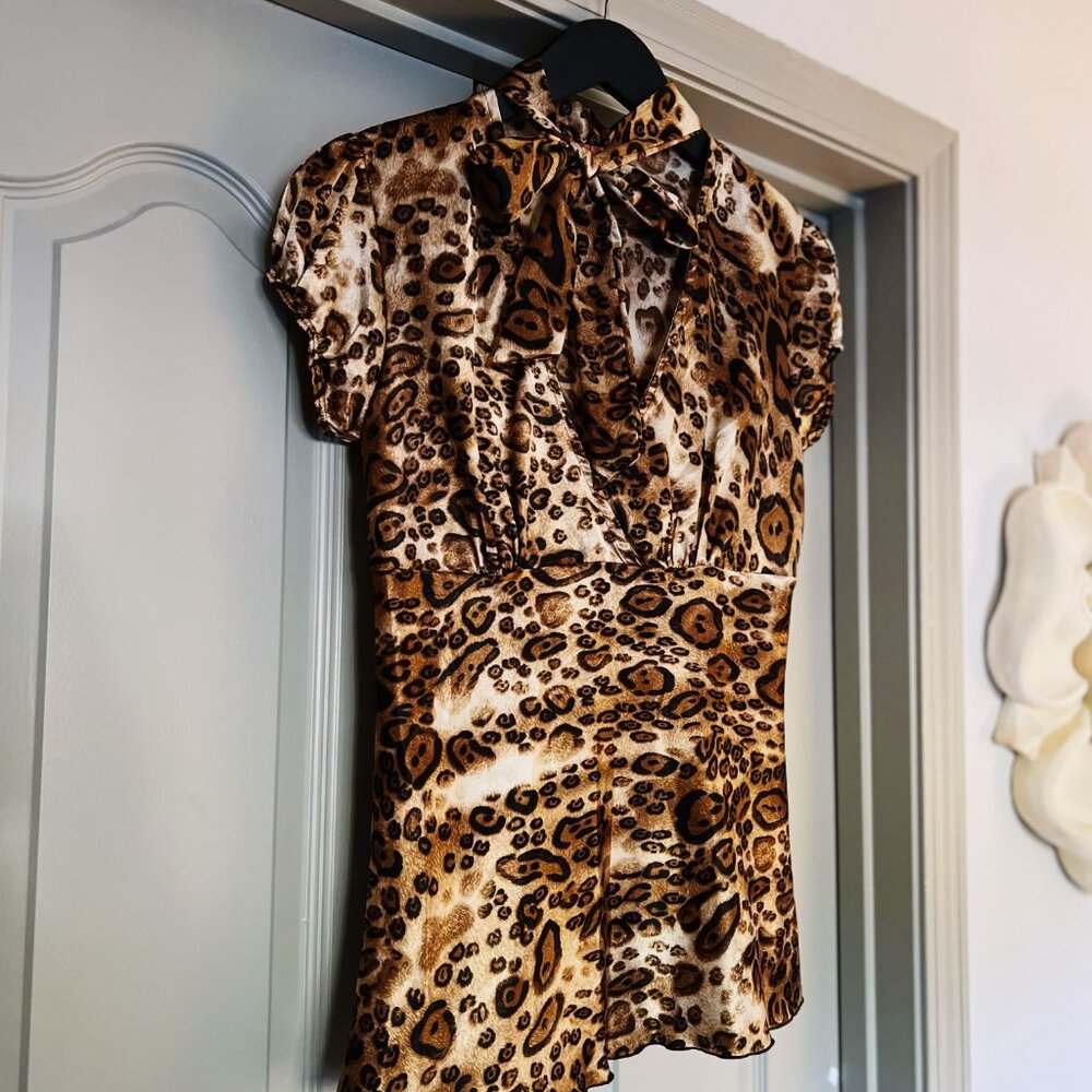 Vintage Y2K Leopard Print Tie-Neck Top Volia Medium Made in USA - Picture 3 of 8